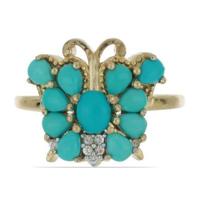 925 STERLING SILVER BUTTERFLY RING WITH NATURAL BLUE TURQUOISE & CZ – GOLD PLATED